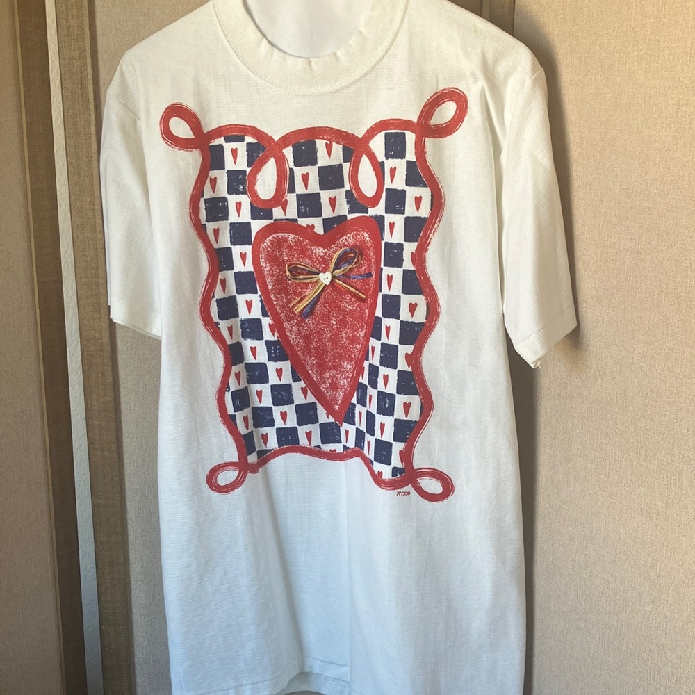 White T-Shirt with Red Heart Design medium